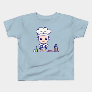 Cute Boy Chef Cooking In Kitchen Cartoon Kids T-Shirt